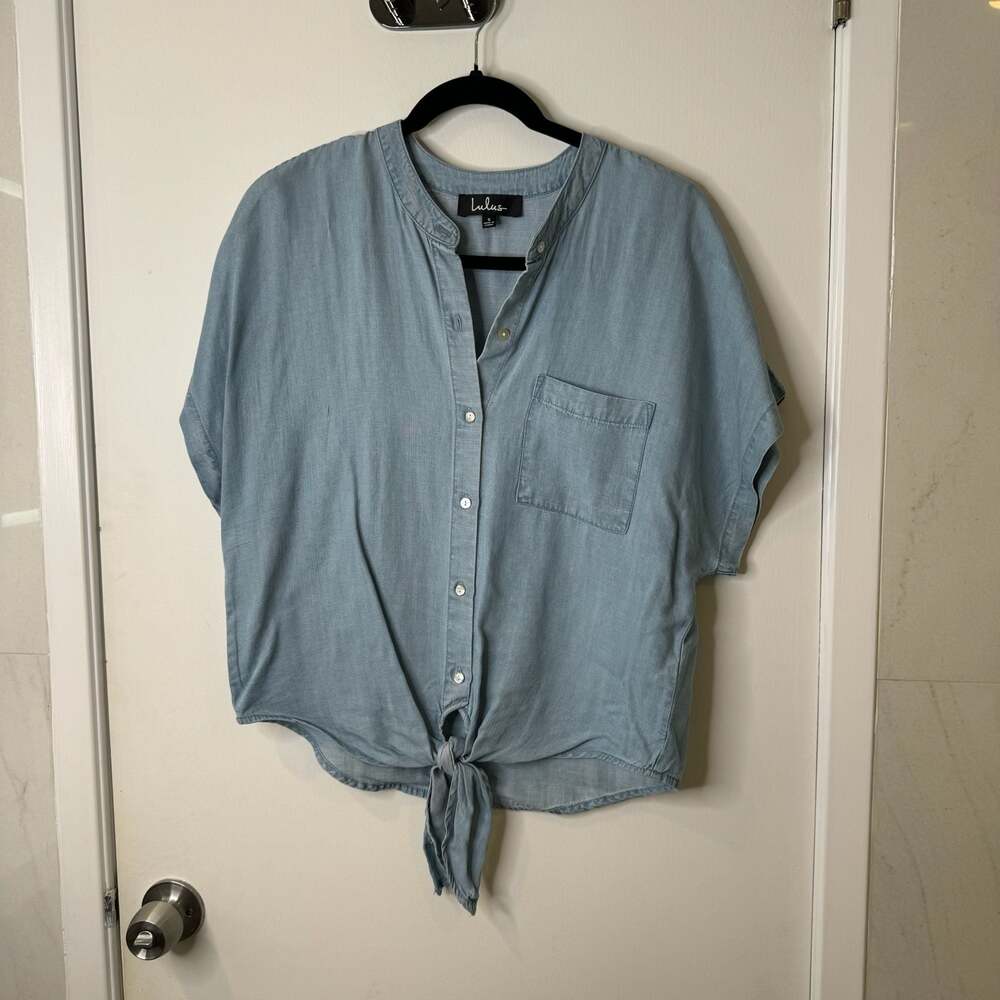 Lulus Blue Full Button Down Front Tie Hem Oversized Short Sleeve Collarless Top